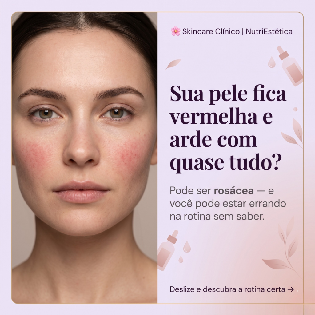 Skincare para Pele Sensível e Rosácea: A Rotina Completa Que Realmente Funciona skincare para rosácea, pele sensível, tratamento rosácea, rotina de pele sensível, ácido azelaico, niacinamida para pele, ceramidas, barreira cutânea, nutriestética, saúde da pele, inflamação da pele, protetor solar para rosácea, hidratante para pele sensível, cuidados com a face, dermatologia estética, ativos para rosácea, gatilhos da rosácea, dieta anti-inflamatória, suplementação para pele, glicação cutânea, controle de vermelhidão facial, cosmecêuticos, estética 2026, autocuidado, dermocosméticos, rotina minimalista, pele reativa, reparação da barreira cutânea, nutrição e estética