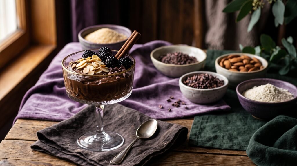 Sobremesas Sem Glúten: Como Reduzir o Açúcar Sem Perder Sabor Sobremesa funcional sem glúten e sem açúcar com mousse de cacau e amêndoas para controle glicêmico NutriEstética